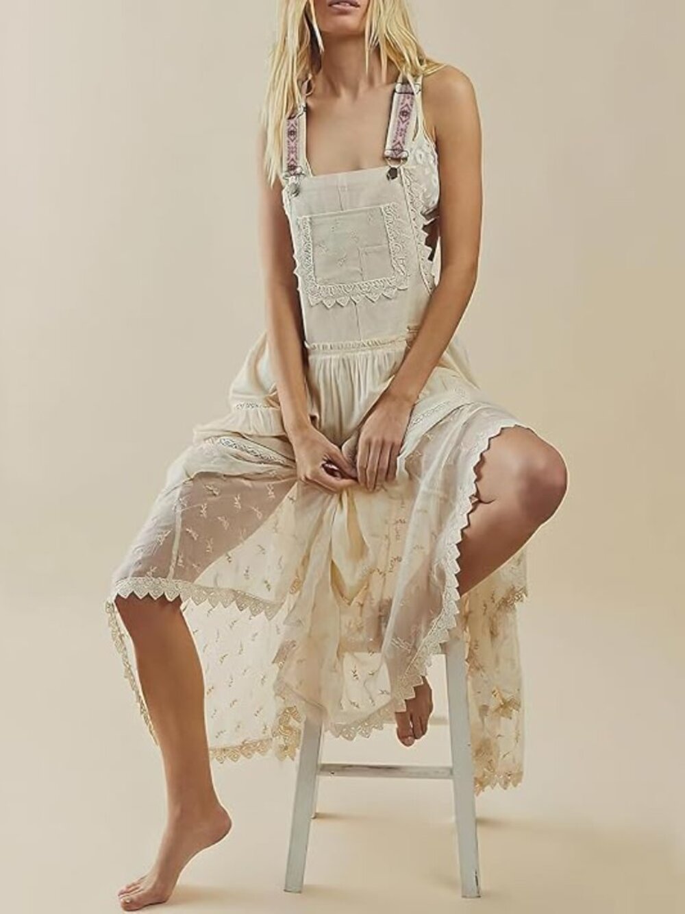 Lace-Trim Cream Maxi Pinafore Dress